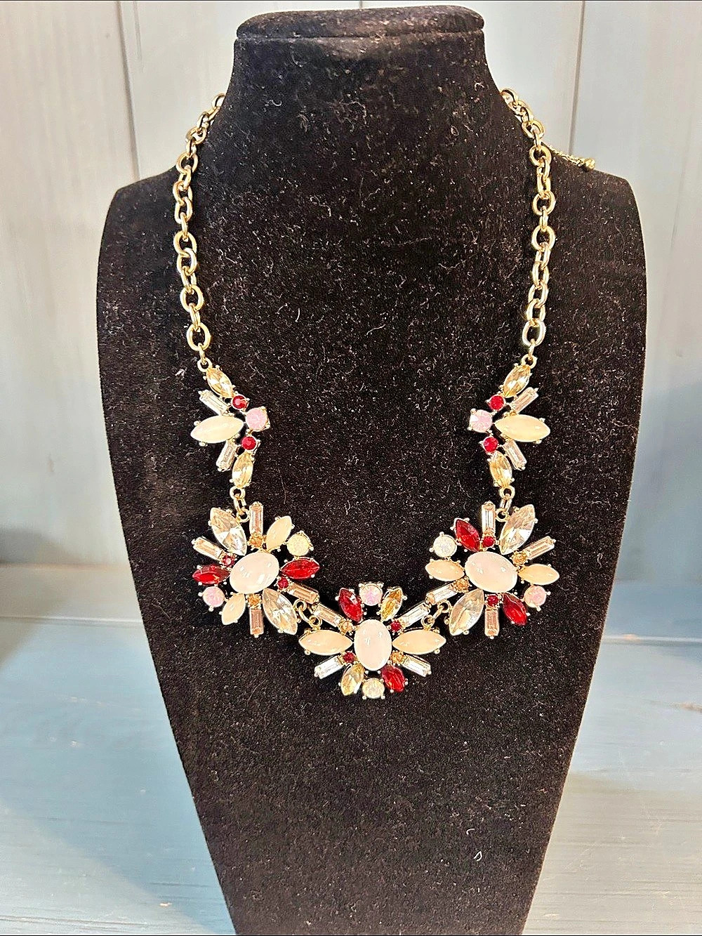 Multicolor Gem Floral Statement Necklace - Silver Tone Metal/Adjustable